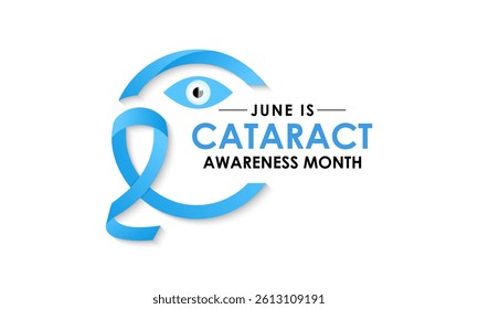 Cataract Awareness Month is observed annually in June.  A progressive clouding of the eye's lens, causing blurred or dimmed vision. Realistic Ribbon with eye's lens.Banner poster, flyer and background