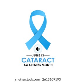 Cataract Awareness Month is observed annually in June.  A progressive clouding of the eye's lens, causing blurred or dimmed vision. Realistic Ribbon with eye's lens.Banner poster, flyer and background