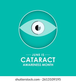 Cataract Awareness Month is observed annually in June.  A progressive clouding of the eye's lens, causing blurred or dimmed vision. Realistic Ribbon with eye's lens.Banner poster, flyer and background