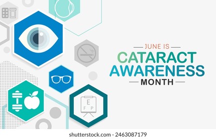 Cataract awareness month is observed every year in June, it is a dense, cloudy area that forms in the lens of the eye. Vector illustration.