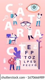 Cataract Concept. Tiny Doctors Characters Treating Clouding of Lens in Eye which Leads to Vision Decrease, People patients Eyesight Check Up Medical Poster Banner Flyer. Cartoon Vector Illustration