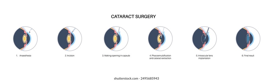 Cataract surgery process. Anesthesia, incision, cataract extraction and intraocular lens implantation. Vision system problem and treatment. Human eye disease anatomical poster flat vector illustration