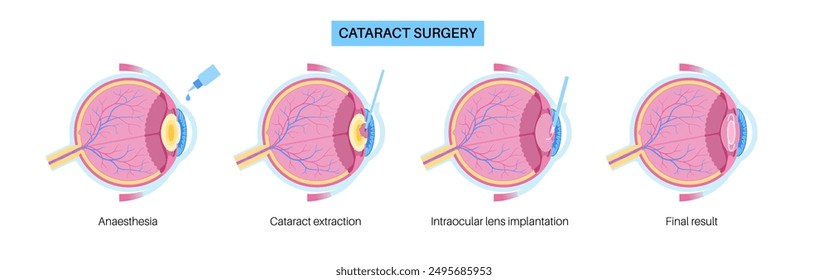 Cataract surgery process. Anesthesia, incision, cataract extraction and intraocular lens implantation. Vision system problem and treatment. Human eye disease anatomical poster flat vector illustration