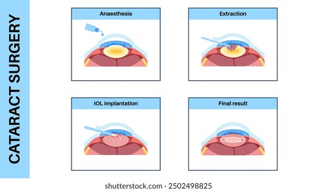 Cataract surgery process. Anesthesia, incision, cataract extraction and intraocular lens implantation. Vision system problem and treatment. Human eye disease anatomical poster flat vector illustration