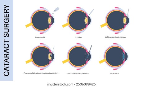 Cataract surgery process. Anesthesia, incision, cataract extraction and intraocular lens implantation. Vision system problem and treatment. Human eye disease anatomical poster flat vector illustration