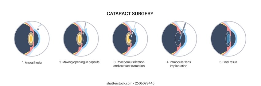 Cataract surgery process. Anesthesia, incision, cataract extraction and intraocular lens implantation. Vision system problem and treatment. Human eye disease anatomical poster flat vector illustration