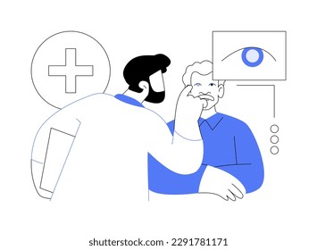 Cataracts abstract concept vector illustration. Ophthalmologist examines senior patient with cataracts, eye surgery, cloudy lens, medicine sector, blurry vision, eye condition abstract metaphor.