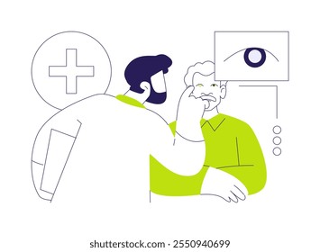 Cataracts abstract concept vector illustration. Ophthalmologist examines senior patient with cataracts, eye surgery, cloudy lens, medicine sector, blurry vision, eye condition abstract metaphor.