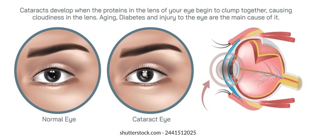 Cataracts are a common eye condition characterized by the clouding of the lens inside the eye, leading to blurred or cloudy vision. Eye syndrome and diseases vector illustration svg