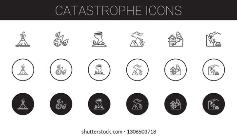 catastrophe icons set. Collection of catastrophe with volcano, meteorite, tornado, avalanche, landslide. Editable and scalable catastrophe icons.