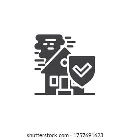 Catastrophe insurance vector icon. House, tornado and shield filled flat sign for mobile concept and web design. Disaster risk insurance glyph icon. Symbol, logo illustration. Vector graphics