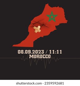 Catastrófico terremoto devastador en Marruecos. Desastre natural en Marrakech, cordillera del Alto Atlas, el 8 de septiembre de 2023. Grietas masivas con bandera y mapa marroquí.