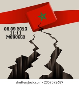 Catastrófico terremoto devastador en Marruecos. Desastre natural en Marrakech, cordillera del Alto Atlas, el 8 de septiembre de 2023. Grietas masivas con bandera y mapa marroquí.
