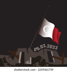 Catastrophic devastating earthquake in south east Turkey. Natural disaster in Kahramanmaras, Turkiye on 06 February 2023. Ruined building and lowered Turkish flag due to mourning.