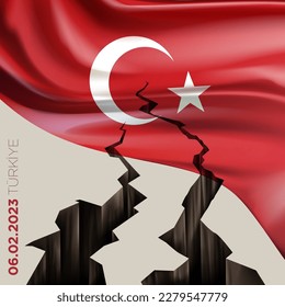 Das verheerende Erdbeben im Südosten der Türkei. Naturkatastrophe in Kahramanmaras, Turkiye am 06. Februar 2023. Massive Risse und türkische Flagge.