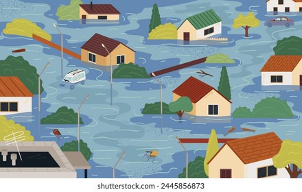 Catastrophic flood natural disaster scene with submerged buildings and cars