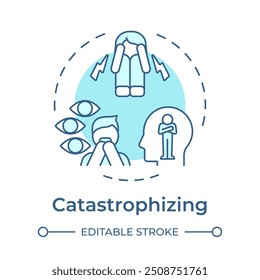 Catastrophizing soft blue concept icon. Cognition, emotions. Depression, stress. Round shape line illustration. Abstract idea. Graphic design. Easy to use in infographic, presentation