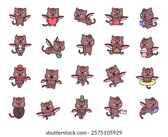 Catbat cute kawaii cartoon character set with wings, smiling, holding objects, various emotions, sitting poses, eating food, magical elements, and festive accessories