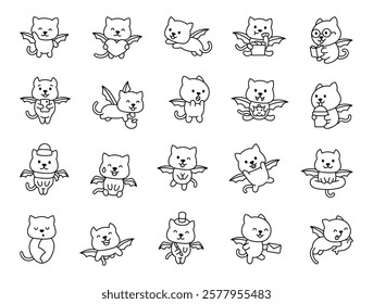 Catbat cute kawaii cartoon character set with wings, smiling, holding objects, various emotions, sitting poses, eating food, magical elements, and festive accessories