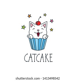 Catcake. Kawaii illustration of a cute cat cupcake. Vector 8 EPS.