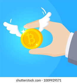 Catch the bitcoin in man hand. Effective mining concept in flat design