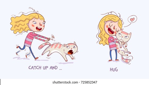 Catch up   cuddle  Cartoon girl is catching the cat  Girl holding   strongly cuddling cat  Isolated vector illustration happy kid   pet  Funny cartoon character