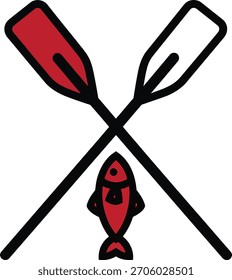 Logo "Catch of the day" mit gekreuzten Rudern und einer lebhaften roten Fischsymbolgrafik