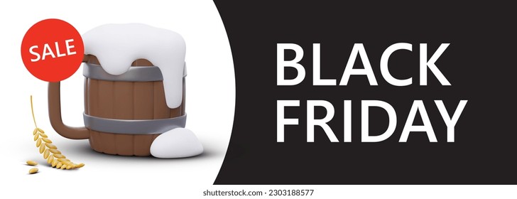 Catch discounts on Black Friday. Grand sale of various types of beer. Creative horizontal banner with 3D elements. Red discount label. Web design template with wooden mug full of beer