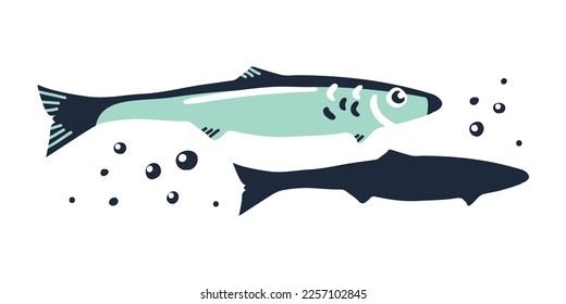 The catch of fine feed fish. Seafood for conservation and preparing various dishes. Sea inhabitant. Air bubbles in water. Cartoon illustration in a flat style. The silhouette of anchous.