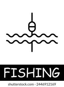 Catch, fish, fisherman icon. Fishing rod, hook, bait, float, underwater creatures, landscape, simplicity, silhouettes, relaxation in nature, fresh air, hobby. Concept of fishing, useful recreation.