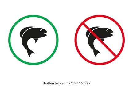 Catch Fish in Lake and River Is Allowed. Fishing Prohibited Symbol. Fishing Warning Sign. Fish Silhouette Icons Set. Isolated Vector Illustration.