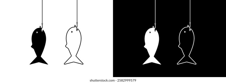 Catch fish on a hook, fish icon on white and black background.