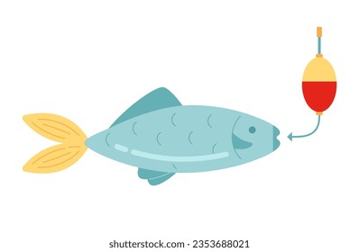 Catch fish on hook semi flat colour vector object. Fishing hobby. Editable cartoon clip art icon on white background. Simple spot illustration for web graphic design