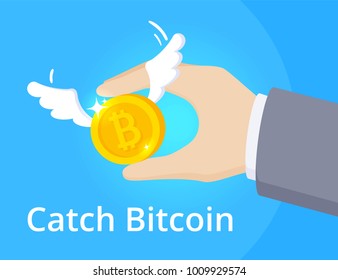 Catch the flying bitcoin with wings in man's hand. Effective mining concept in flat design
