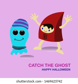catch the Ghost,  Happy Halloween card. pink background Flat design. Vector illustration