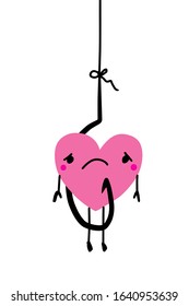Catch heart on a hook hand drawn vector illustration in cartoon comic style sad symbol toxic relations metaphore