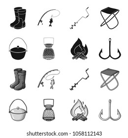 Catch, hook, mesh, caster .Fishing set collection icons in black,monochrome style vector symbol stock illustration web.