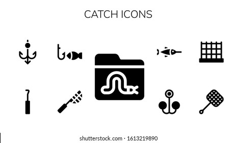 catch icon set. 9 filled catch icons.  Simple modern icons such as: Worm, Net, Fishing, Hook, Bait, Swordfish