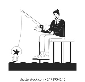 Catch idea black and white 2D illustration concept. Happy caucasian businessman fishing from pier cartoon outline character isolated on white. Leadership innovation metaphor monochrome vector art