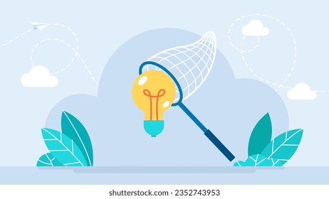 Catch light bulb. Idea concept. Chasing light bulb. Inspiration concept. Creative idea thinking process, ideation for solution or innovation, development or learn skills concept. Vector illustration