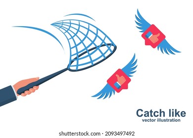 Catch like. Man catches flying like. Man catches flying heart. Hearts with wings. Attracting new users. Social development of content. Vector illustration flat design.