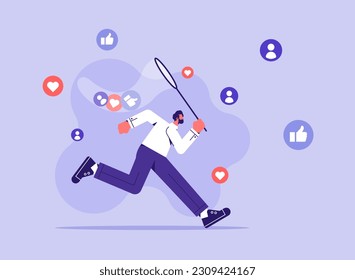 Catch likes concept. Man with net runs for positive reactions in social networks and instant messengers. Internet addiction, popular person, flat vector illustration