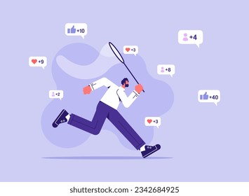 Catch likes concept. Man with net runs for positive reactions in social networks and instant messengers. Internet addiction, popular person, flat vector illustration
