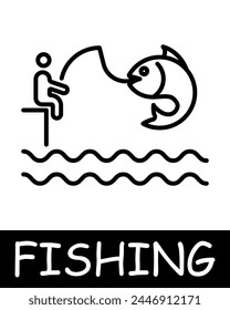 Catch, man, fisherman icon. Shallop, fishing rod, fish, bait, underwater creatures, landscape, simplicity, silhouettes, relaxation in nature, hobby. The concept of fishing, useful recreation.
