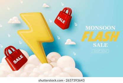 Catch the monsoon flash sale with bold 3D shopping visuals, lightning, raindrops, and discount offers.