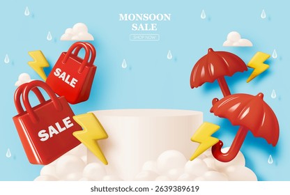 Catch the monsoon flash sale with bold 3D shopping visuals, lightning, raindrops, and discount offers.