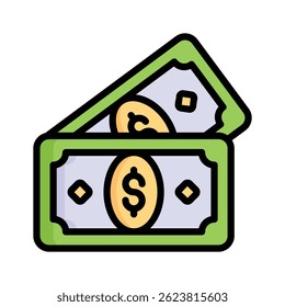 Observe este moderno icono de contorno plano de papel moneda