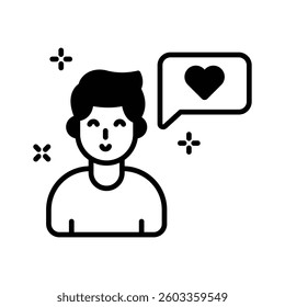 Catch a sight of this modern glyph icon of lover boy with romantic chat bubble