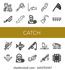 catch simple icons set. Contains such icons as Football player, Fishing rod, Net, Worm, Fishing, Hook, Butterfly net, Hooks, Marlin, Trap, can be used for web, mobile and logo