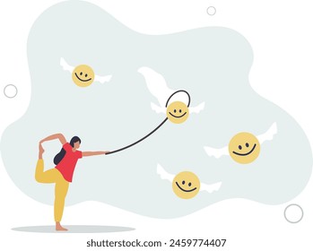 catch smiling face with butterfly net metaphor of happiness.flat vector illustration.